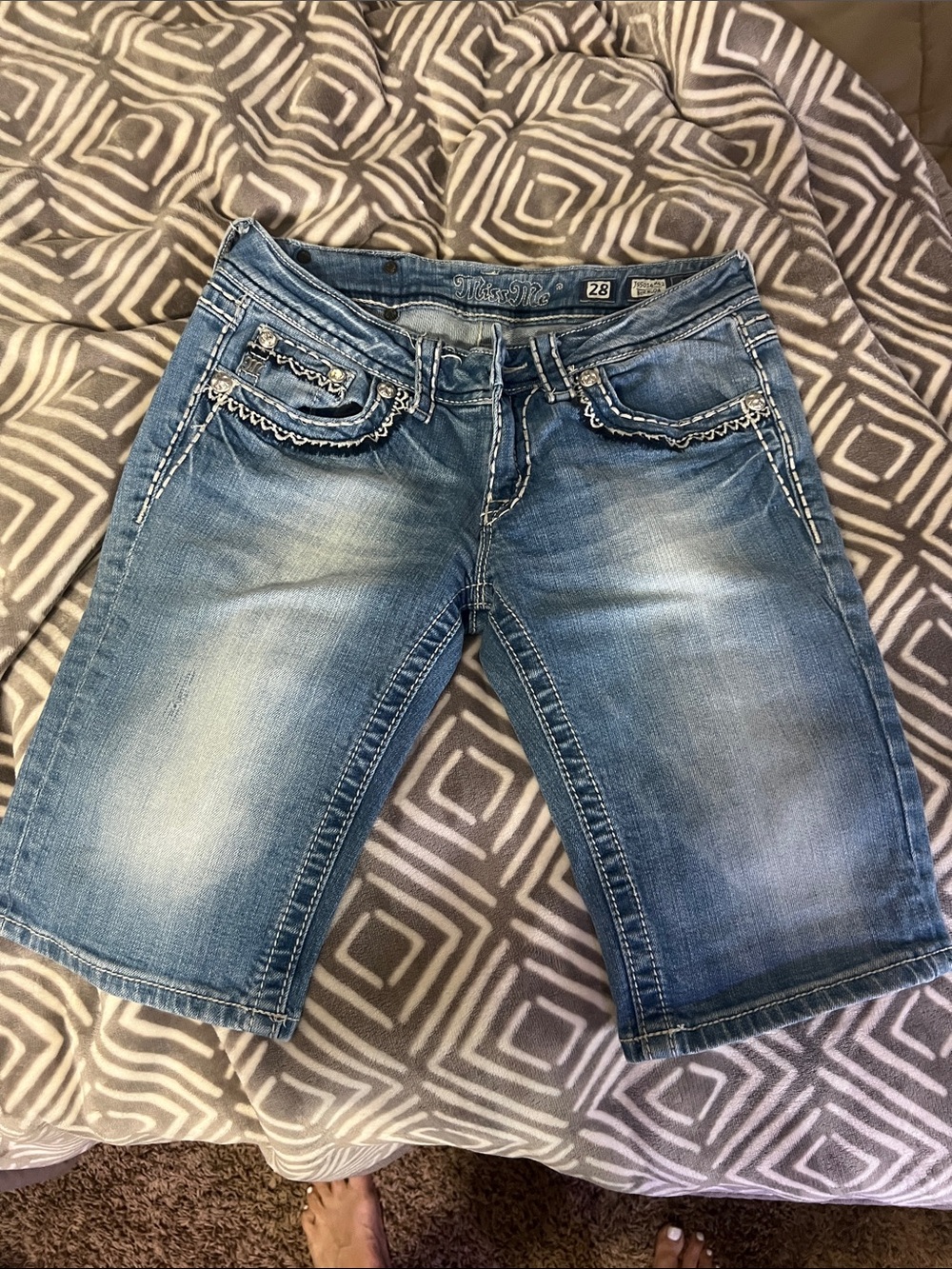 Miss Me Light Blue Denim Bermuda Shorts with Embroidered Trim